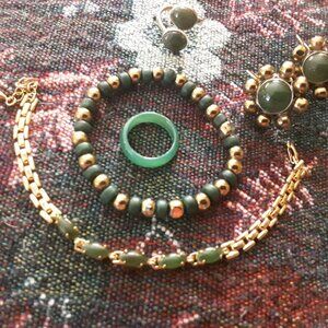Green jade set 5pc: 2 bracelets,2rings,earrings Soviet time. Set is gold plated.